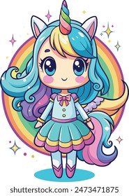 a little girl unicorn with a colorful rainbow background of Vector illustration 