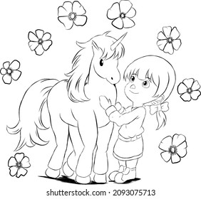 Little girl and unicorn Coloring page. Cartoon coloring page outline. Vector illustration, coloring book for kids. scribble page. kids background