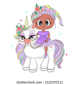 little girl with a unicorn Cute children's illustration, textile print, t-shirt packaging, children's room decoration, holiday card design, Vector illustration