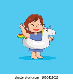 Little girl with a unicorn float Vector Illustration