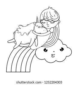 little girl with unicorn and rainbow kawaii