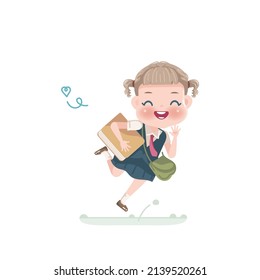 little girl in a uniform  jumps.