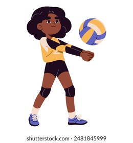 Niña uniformada juega al voleibol. Lindo niño jugador del equipo de entrenamiento de juego deportivo. Niño feliz golpea la bola con sus manos. Joven atleta hace ejercicios. Ilustración vectorial plana aislada sobre blanco