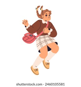 Niña uniformada se alegra de volver a la escuela. Niño feliz con coletas salta. Lindo chico con mochila se divierte. Colegiala celebra vacaciones de verano. Ilustración vectorial plana aislada sobre blanco