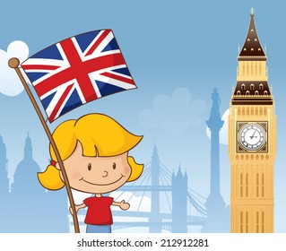 Little girl with Union Jack and Big Ben with other London landmarks in background.