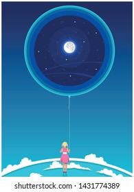 Little Girl and the Universe inside a balloon, Original Illustration 