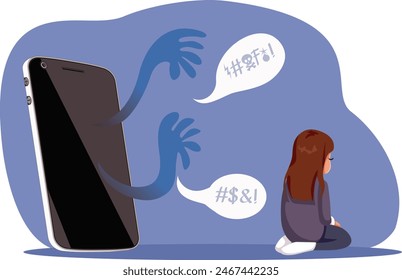 
Little Girl Upset from Online Negative Comments Vector Illustration. Unhappy child receiving online harassment on social media feeling depressed 
