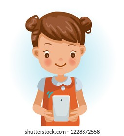 
Little girl use cell phone. Cartoon character vector illustration isolated on white background.
