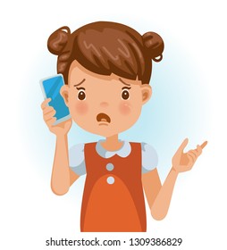 Little girl use cell phone. Talking with negative emotions. Cartoon character vector illustration isolated on white background.