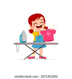 little girl use electric iron to smooth clothes