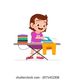 little girl use electric iron to smooth clothes