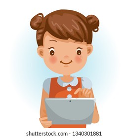 Little girl use a tablet. Children are using a tablet. Technology concepts for education. Cartoon vector illustration isolated on a white background.