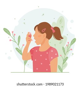 Little girl uses an asthma inhaler against an allergic attack. World asthma day. Child allergy, asthmatic. Inhalation medicine. Bronchial asthma. Vector flat concept illustration