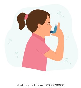 Little girl uses an asthma inhaler against attack. World asthma day. Allergy,Bronchial asthma kids.Vector  illustration