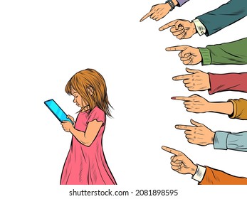 A little girl uses a smartphone. Adults discuss the passion of young people. Generational conflict Isolate on a white background