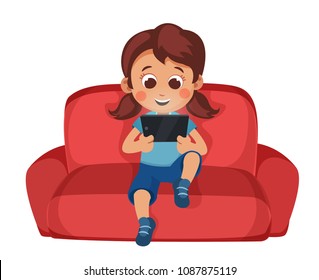 Little girl uses a smartphone sitting on couch.  Tablet computer. technology and children. Social networks for kids