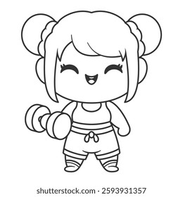 Little girl using barbell, for coloring