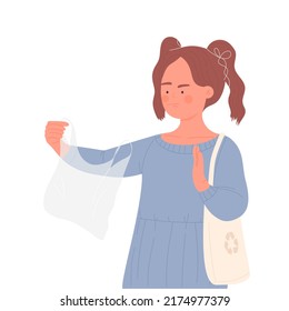 Little girl using eco instead of plastic. Environment protection and waste sorting vector illustration