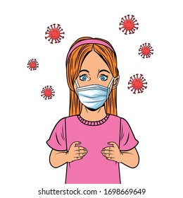 little girl using face mask for covid19 pop art style vector illustration design