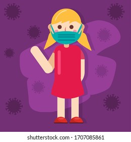 little girl using face mask says "hi", vector illustration 