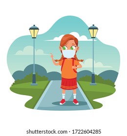 little girl using face mask for covid19 in the park vector illustration design