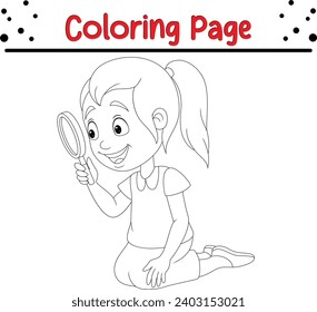 little girl using magnifying glass coloring page