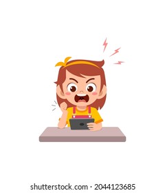 little girl using mobile phone and angry