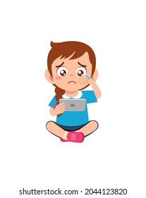 little girl using mobile phone and cry