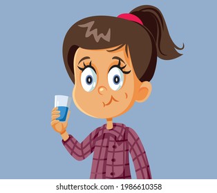 Little Girl Using Mouth Wash Vector Illustration. Child Respecting Oral Hygiene Rules For Good Dental Health
