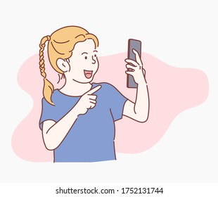 Little girl is using a smartphone, she is vary happy to see the phone message. Hand drawn in thin line style, vector illustrations.