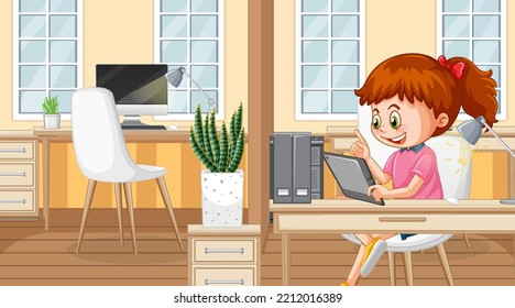 Little girl using tablet at home illustration