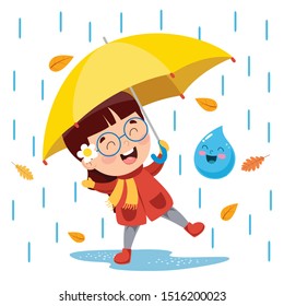 Little Girl Using Umbrella Under The Rain