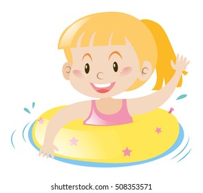 Little girl using yellow floating ring illustration