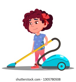 Little Girl Vacuuming Floor In House Vector. Isolated Illustration