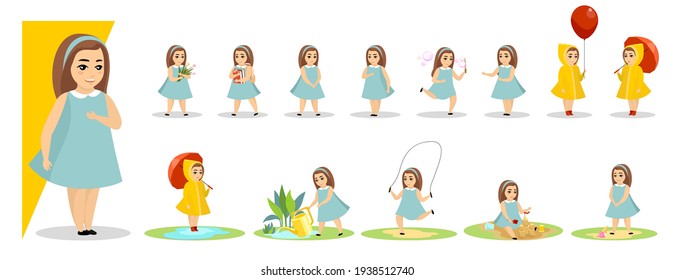 Little girl in various poses with gestures and expressions. Female child shows different emotion, set. Cute kid character plays and rejoices, sad and angry, stands and sits. Vector isolated illustration