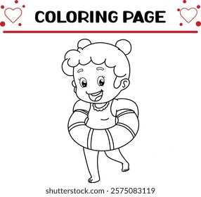 little girl is very excited swimming pool with swimming tire coloring page for kids