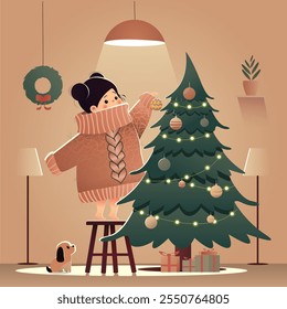 A little girl in a very large sweater is decorating the Christmas tree, and the dog is watching. Christmas tree with toys, garland, flat design vector illustration