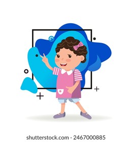 Little girl with victory gesture. Happy female kid with curly hair and bow in pink dress showing V sign. Childhood concept. Vector illustration can be used for topics like leisure activity, success