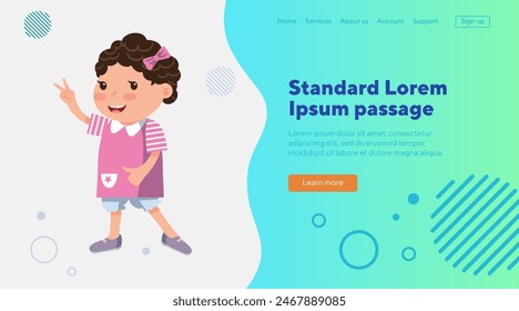 Little girl with victory gesture. Happy female kid with curly hair and bow in pink dress. Vector illustration Childhood, leisure activity, success concept for website design, banner, landing page