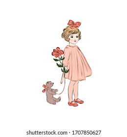 Little girl in vintage style holds toy bear and rose. 