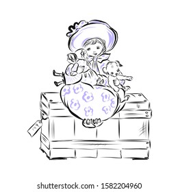 Little girl in vintage style sits on chest and holding dolls and toy dog. Lady dressed in long ball dress with flowers pattern and broad-based hat. Child from the nineteenth century. Coloring page.  