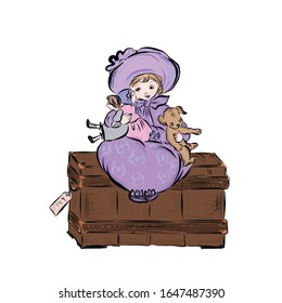 Little Girl In Vintage Style Sits On Chest And Holding Dolls And Toy Dog.