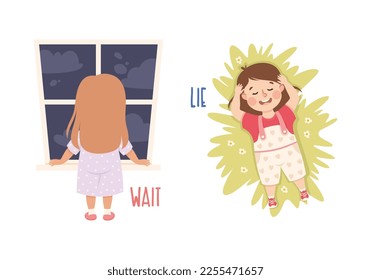 Little Girl Waiting Near Window and Lying on Meadow Demonstrating Vocabulary and Verb Studying Vector Set