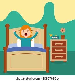 little girl wake up on bed in the morning