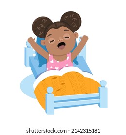 Little girl wakes up. Сute cartoon character. Vector illustration for posters, kids book design.