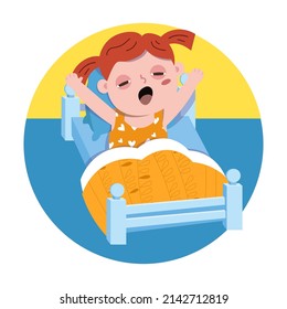 Little girl wakes up. Сute cartoon character. Vector illustration for posters, kids book design.