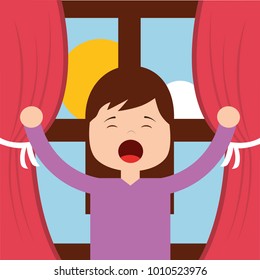 little girl waking up in front of the morning window