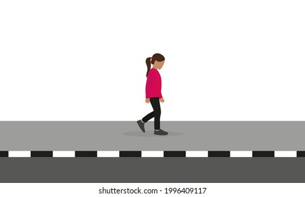 Little girl walking alone on the sidewalk on a white background