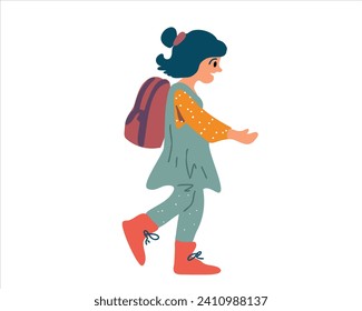  Little girl walking with a backpack, cartoon style vector isolated on white background