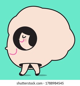 Little Girl Walking And Directing The Way To Her Own Giant Head Outside. Character illustration Concept for Card.